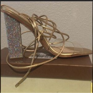 Rhinestones Block Heel Lace Up Ankle Wrap Heeled Sandals